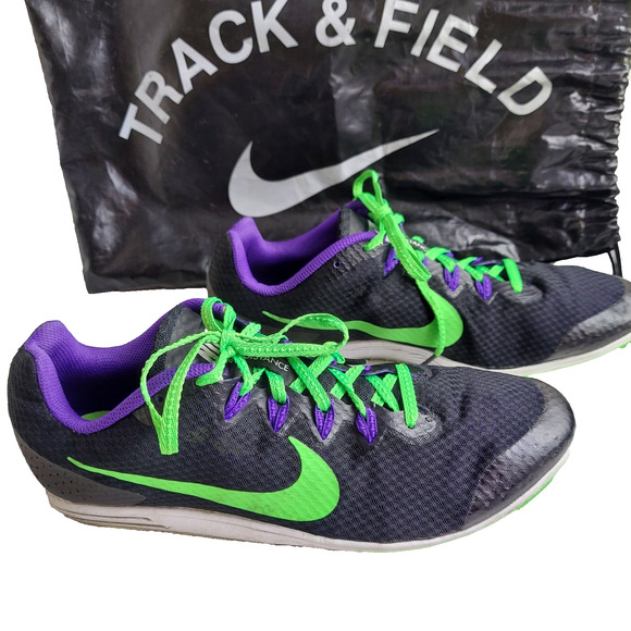 NIKE Men's Track Spikes 10.5 Black Green Purple Rival D Distance 806556 Extras - Picture 3 of 13